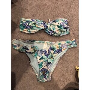 Atmosphere Womens Tropical Floral Bandeau Bikini Set Blue Green Size 4